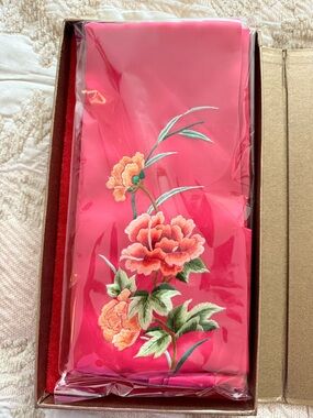Brand New 100% Silk Embroidered Floral Satin Scarf in Bright Pink From China